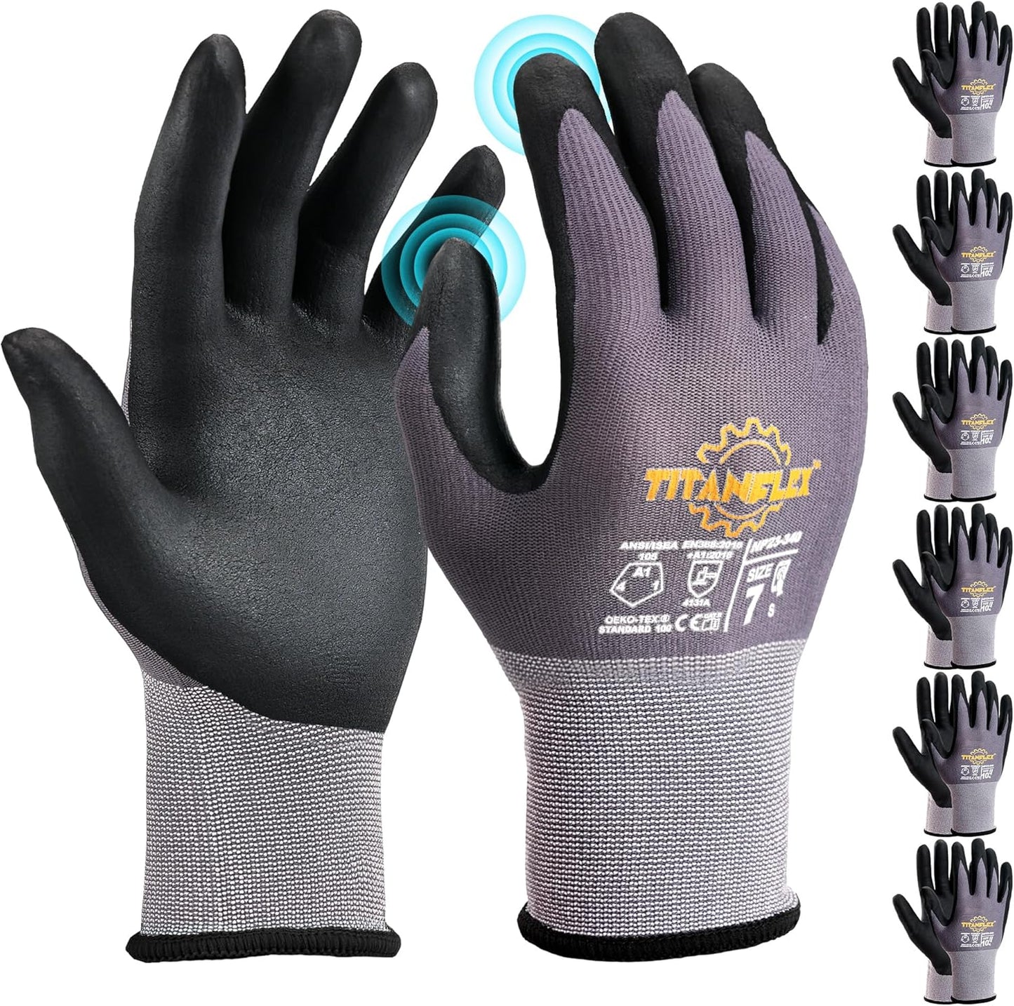 TitanFlex Work Gloves Microfoam Nitrile Coated Men Women, Safety Warehouse Gloves with Grip, Touchscreen, Seamless Knit Nylon