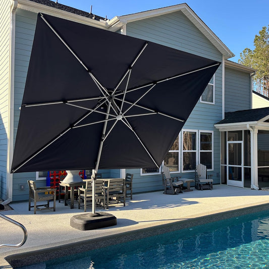 PURPLE LEAF 9' X 12' Solar Powered LED Patio Large Umbrella Offset Double Top Hanging Umbrella Outdoor Market Umbrella for Garden, Spectrum Indigo