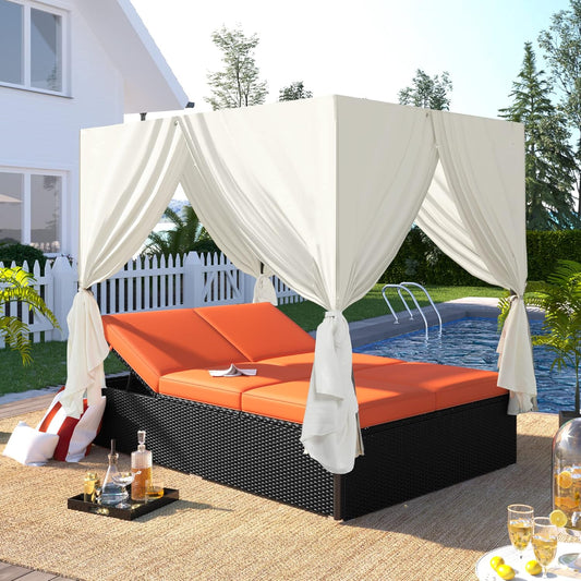 Patio Chaise Lounge, PE Rattan Outdoor Patio Wicker Sunbed Daybed with Adjustable Seats, Four-sided Canopy, Overhead Curtain and Orange Cushions for Backyard, Garden, Poolside (for 2-6 people)