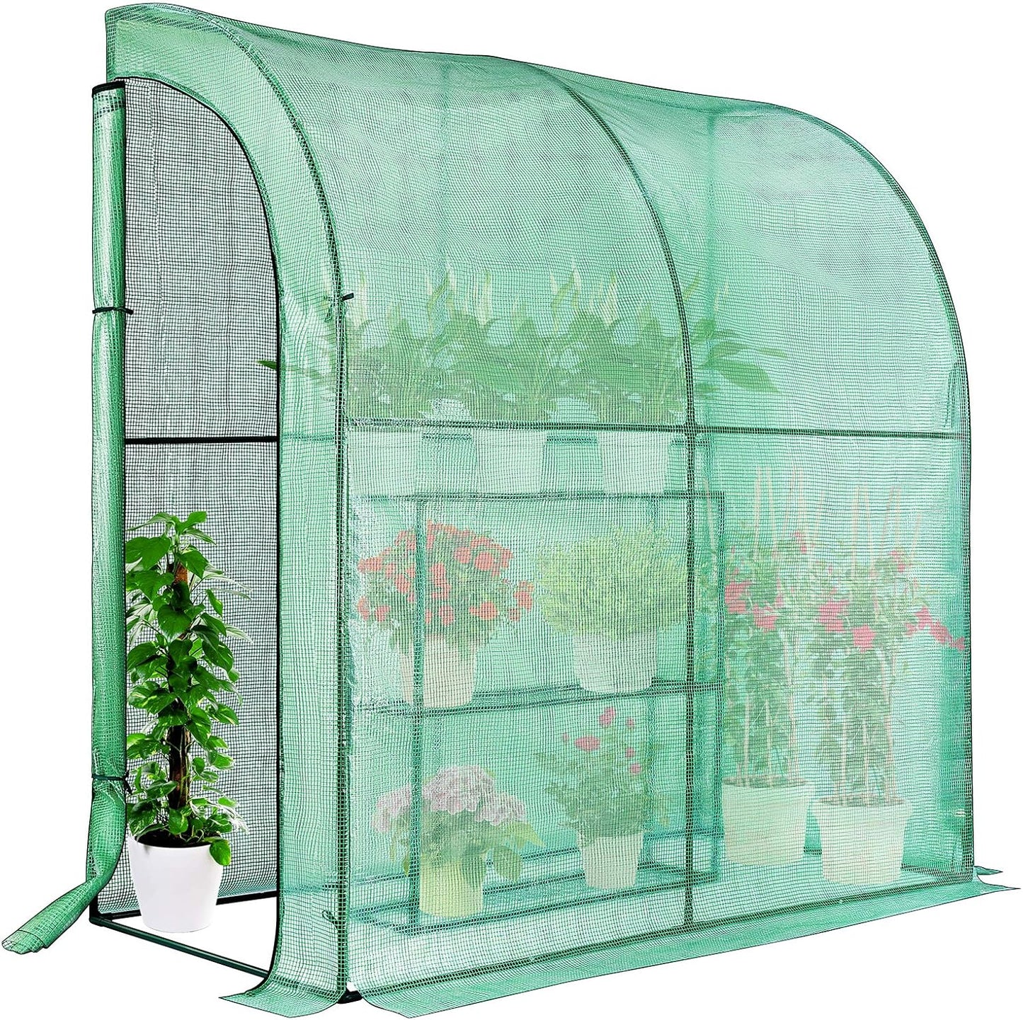 VIVOSUN Lean-to Greenhouse, 6.6’ x 3.3’ x 6.9’ Portable Wall House with Green PE Cover and Shelf for Compact Garden 79x39x83-Inch