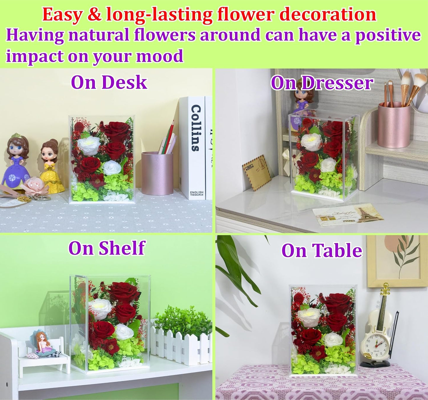 Valley of Rain & Forest Long-Lasting Real Flowers, Handcrafted Preserved Rose Bush For you to Send Love for All Occasions, Floral Arrangement for Indoor Decoration (Red White Roses Arrangement)