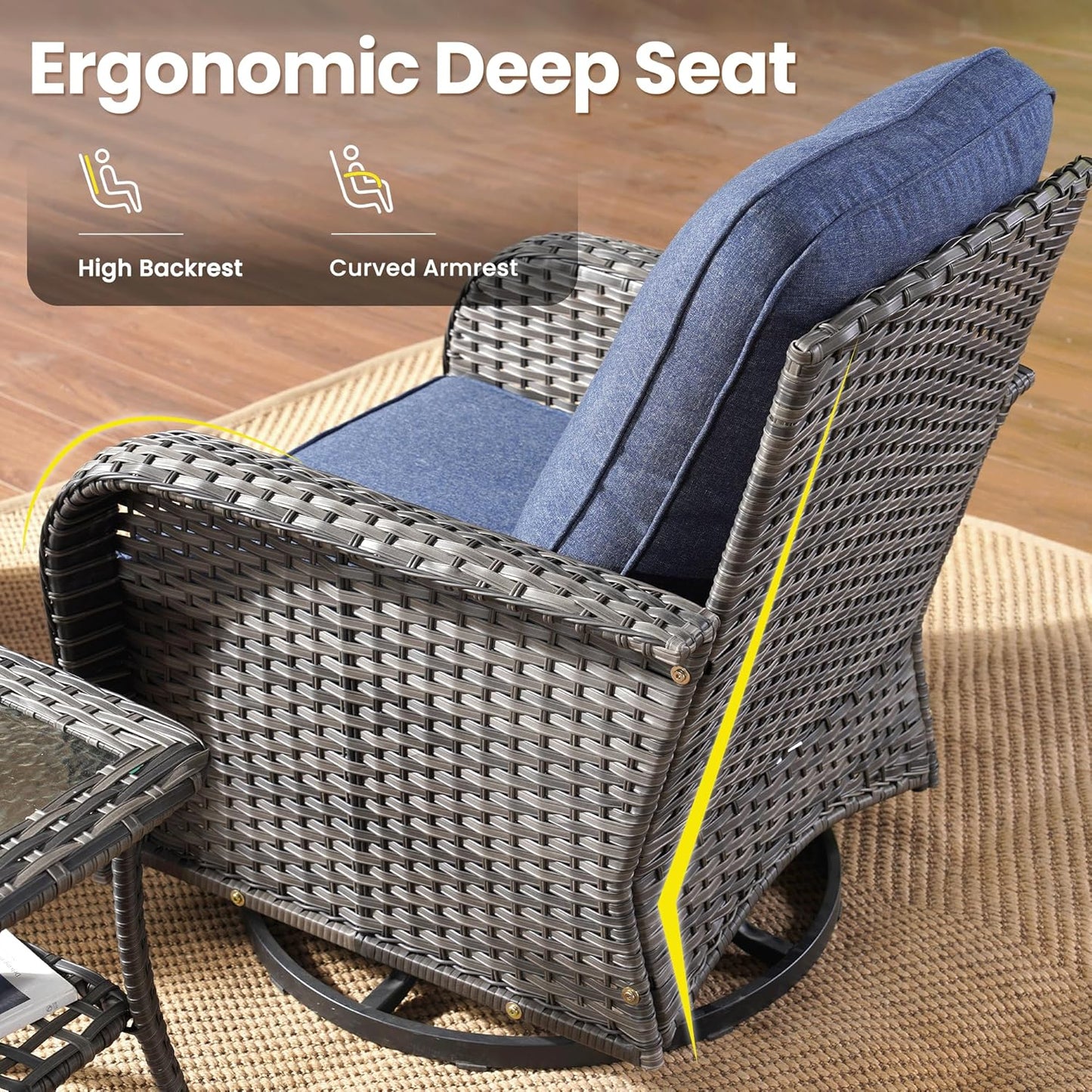 ovios 3 Pieces Patio Furniture Set, Outdoor Rocking Chairs of 2, Wicker Swivel Glider Chairs with Side Table Thick Cushions, All Weather Rattan Bistro Set for Porch, Denim Blue