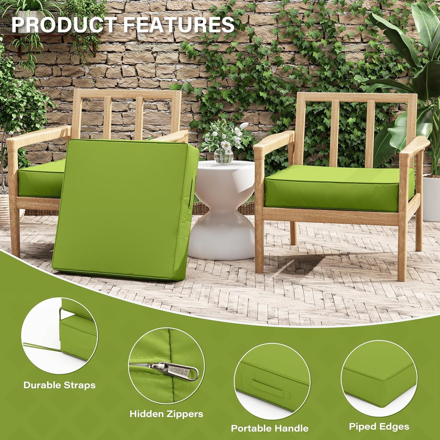 Patio Chair Cushions 24 X 24 X 5 Inch Waterproof Outdoor Seat Cushions for Patio Furniture, Outdoor Sofa Couch Pads with Ties & Handle, Set of 2, Grass Green