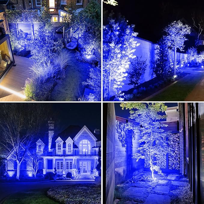 T-SUNUS 4 Pack Solar Landscape Spotlights - Blue, Waterproof IP65, 9.8ft Cable, 2000mAh Solar Panel, Auto On/Off for Garden, Driveway, Pathway, Pool Area