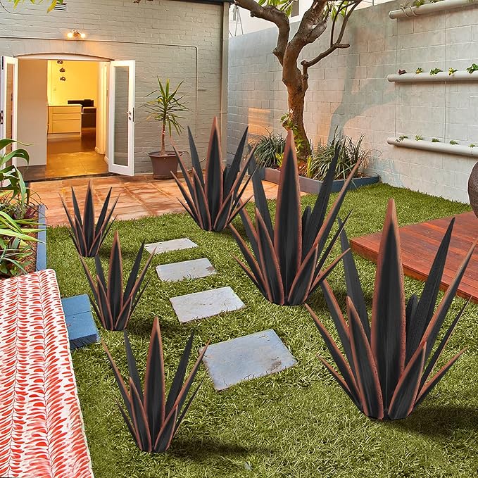 Large Tequila Rustic Sculpture, Rustic Metal Agave Plants for Outdoor Patio Yard, Home Decor Hand Painted Metal Agave Garden Yard Statue, Outdoor Lawn Ornaments Yard Stakes (Black - M)