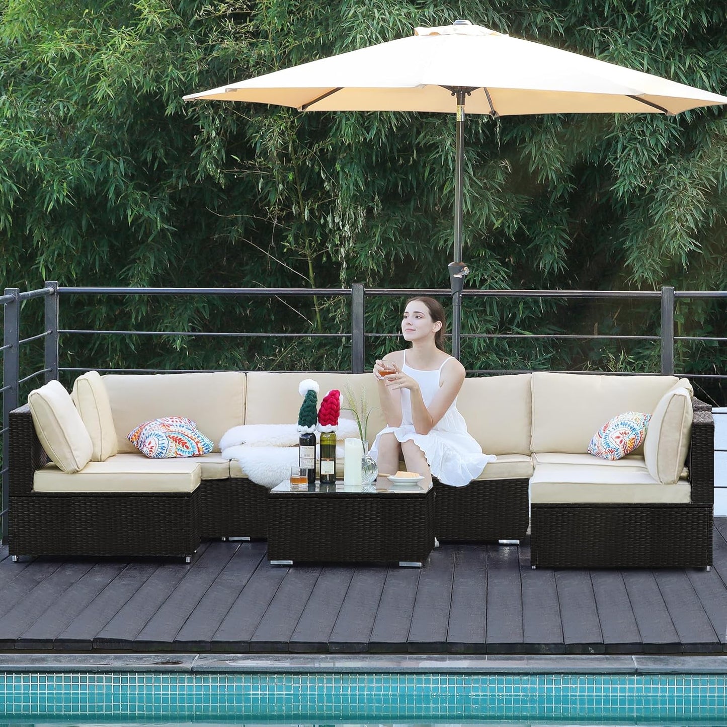 7-Piece Patio Furniture Set - Outdoor Sectional Sofa Set with Cushions and Glass-Top Coffee Table for Gardens, Poolside, Backyards and Porches, Black/Beige