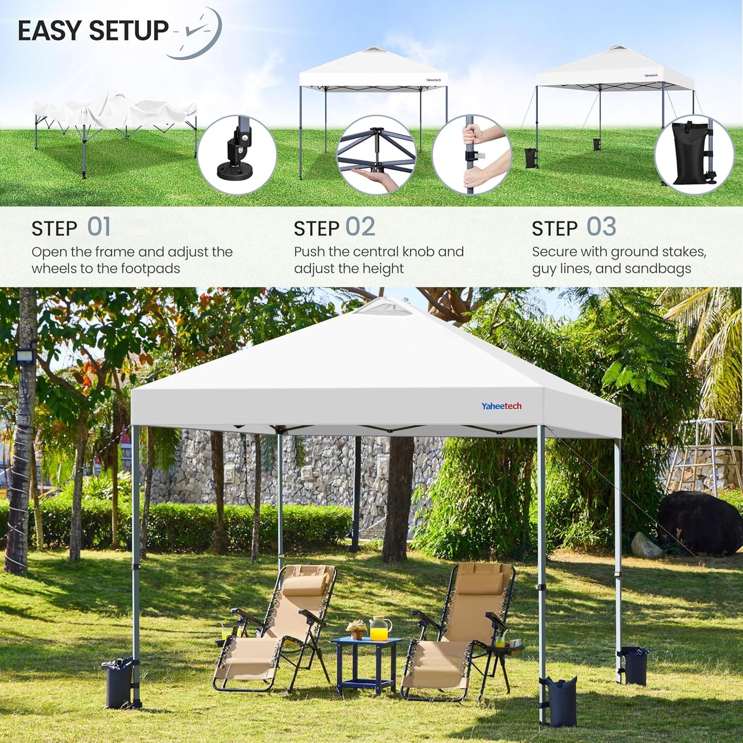 Yaheetech 10x10 Pop-up Canopy Tent w/ 2 Integrated Wheels for Mobility, Waterpoof & Heavy Duty, Instant Sun Shelter with Carry Bag, Weight Bags for Outdoor Camping Beach Patio Parties, White