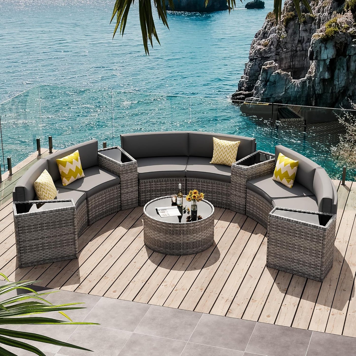 Patio Sectional Furniture Outdoor 11-Piece Grey Rattan Curved Sofa Set with Storage Table,Pillows,Fit for Pool Backyard Balcony Porch Lawn (Grey)