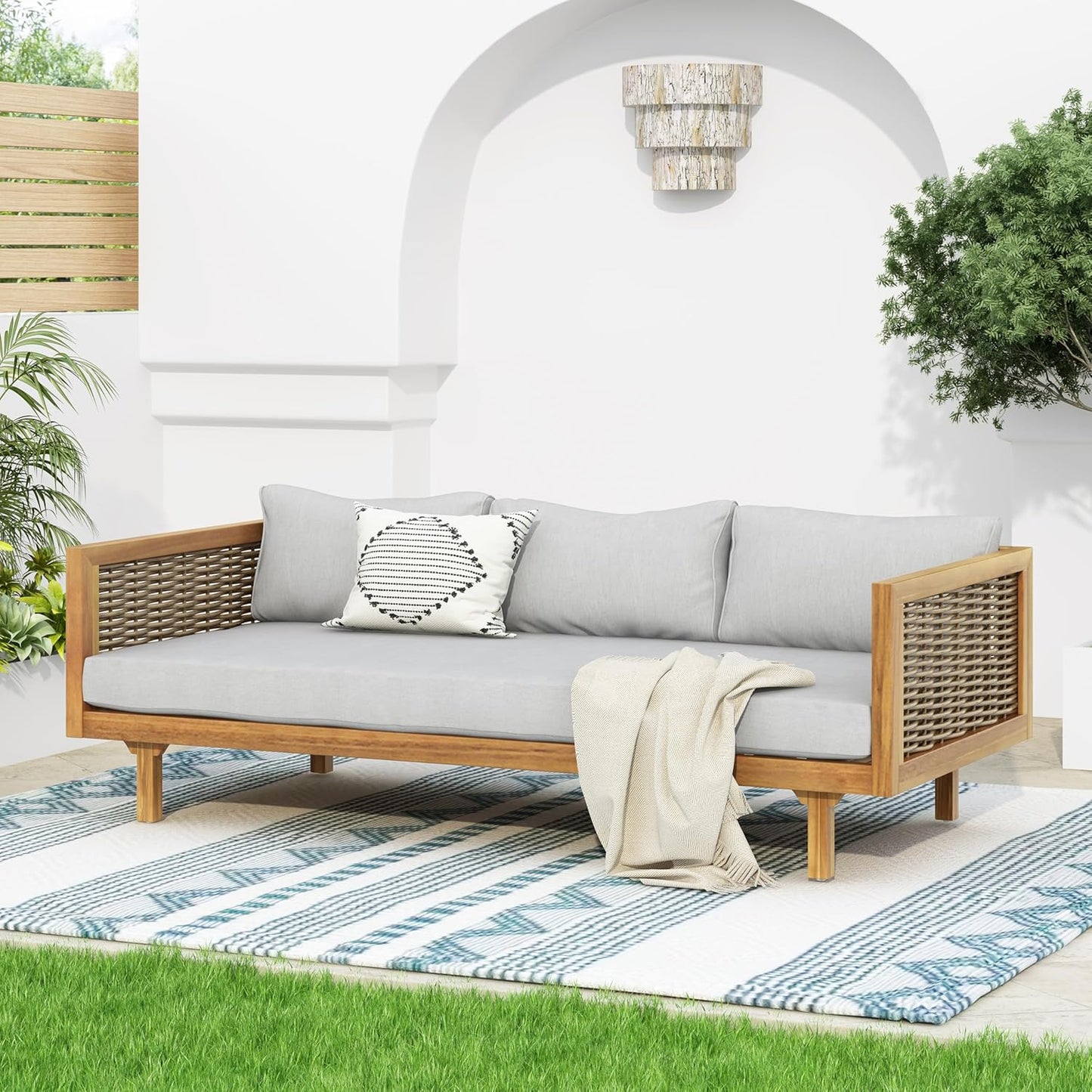 Christopher Knight Home Outdoor 3 Seater Acacia Wood Daybed with Fabric Water Resistant and Removable Cushions, Patio Garden Sofa with Wicker Armrest and Slat Paneling Back, Teak and Light Grey