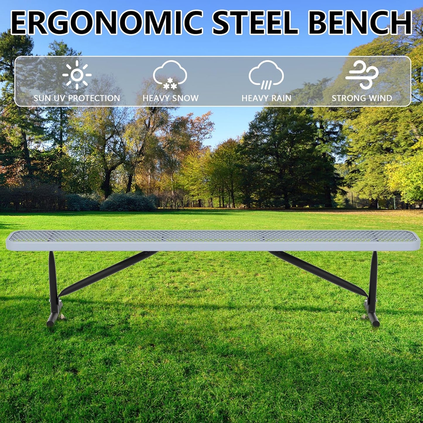 48" L Outdoor Steel Flat Bench, Heavy Duty Metal Park Bench for Outside, Expanded Metal, Commercial Benches Mesh Bench for Shopping Mall, Store, Lawn, Park, Patio, Deck, Garden (Grey, 8FT)