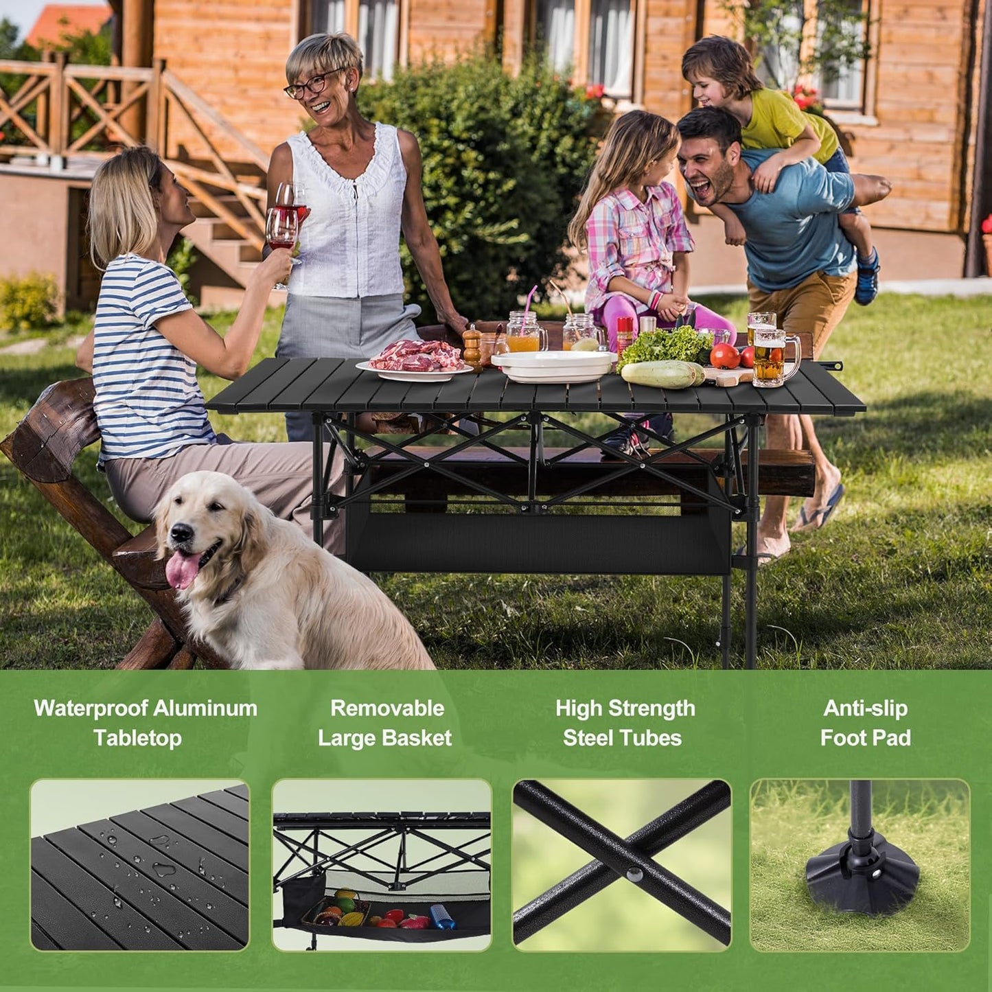 LET'S CAMP Folding Camping Table, Portable Aluminum Roll-up Picnic Backpacking Table with Adjustable Height, Large Storage and Carrying Bag for Picnic, Camping, BBQ, Party, Backyard, Beach