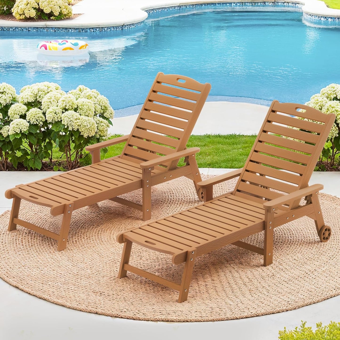 LUE BONA Outdoor Chaise Lounge Chairs Set of 2, HDPS Chaise Lounger, 5 Positions Adjustable Lounge Chairs, Pool Lounge Chair with Wheels for Poolside, Hotel, Restaurant, 3 Year Warranty, Teak Color