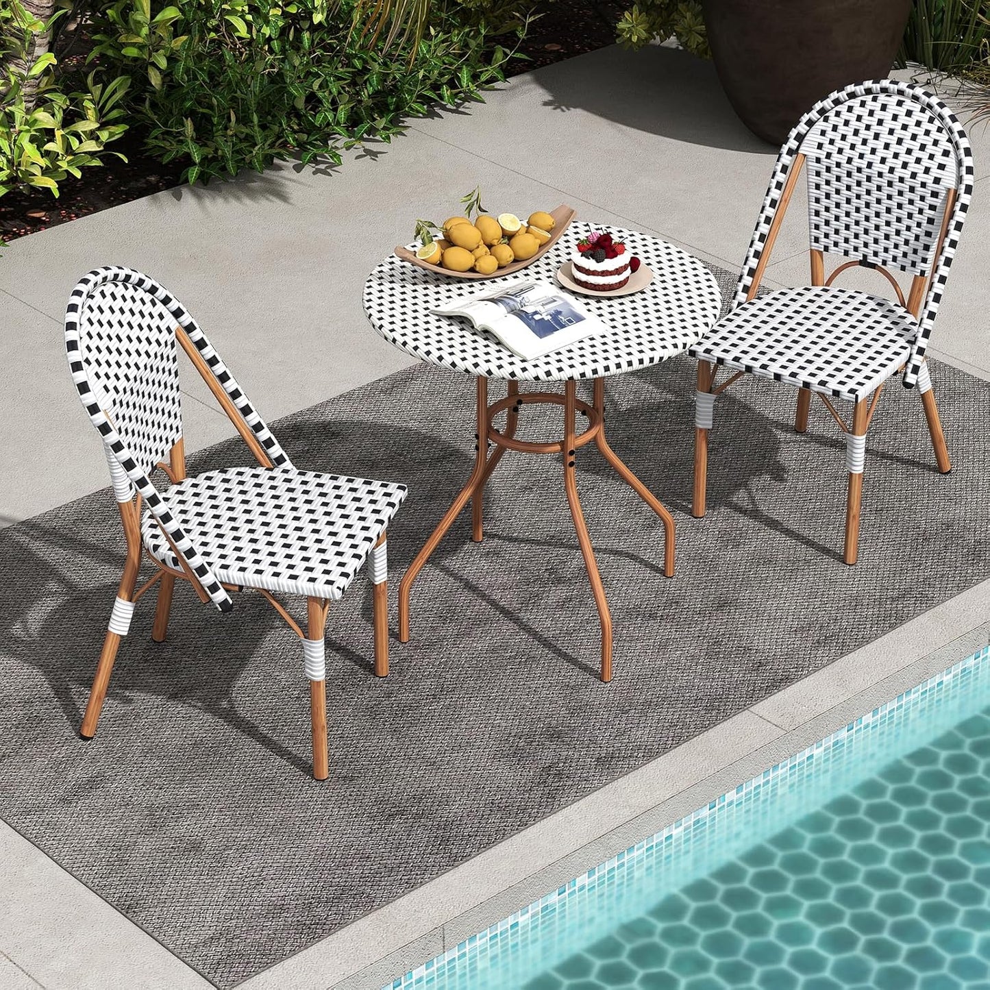 Tangkula 3 Piece French Bistro Table Chair Set, Outdoor Wicker Round Table & 2 Dining Chairs with Metal Support, Outside Accent Dining Furniture Set for Garden, Balcony, Porch