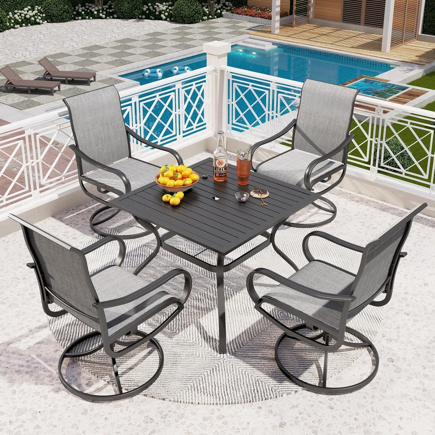 PHI VILLA 5 PCS Patio Dining Set with Outdoor Swivel Dining Chairs (Gray) and 37"x 37" Metal Steel Dining Table, All Weather Patio Dining Furniture Set for Poolside Deck Lawn Garden