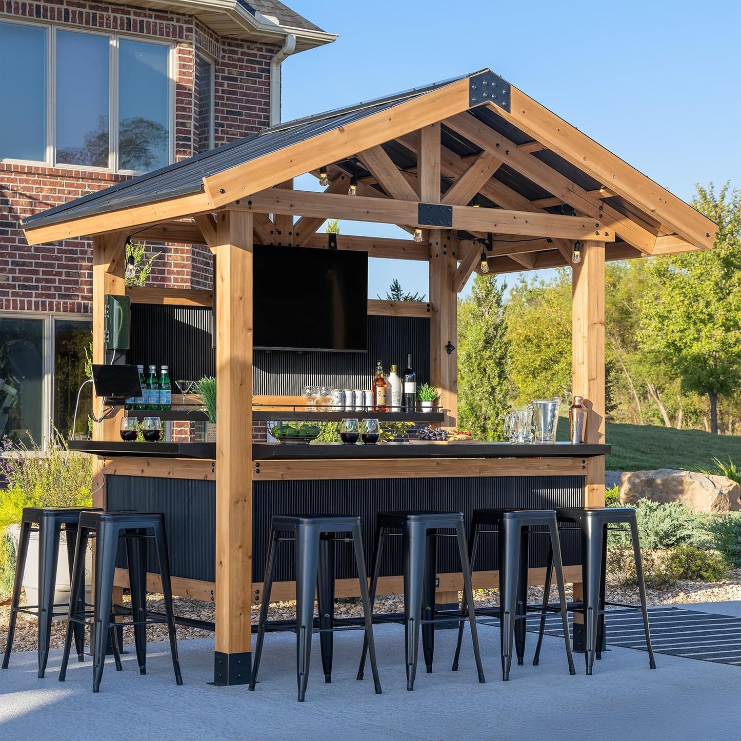 Backyard Discovery Palisade 9' x 6' Cedar Wood Outdoor Bar Set with Galvanized Steel Roof, Bar Top, Shelving, Snow Load Support, Wind Resistance, PowerPort for Patio, Deck, Entertaining