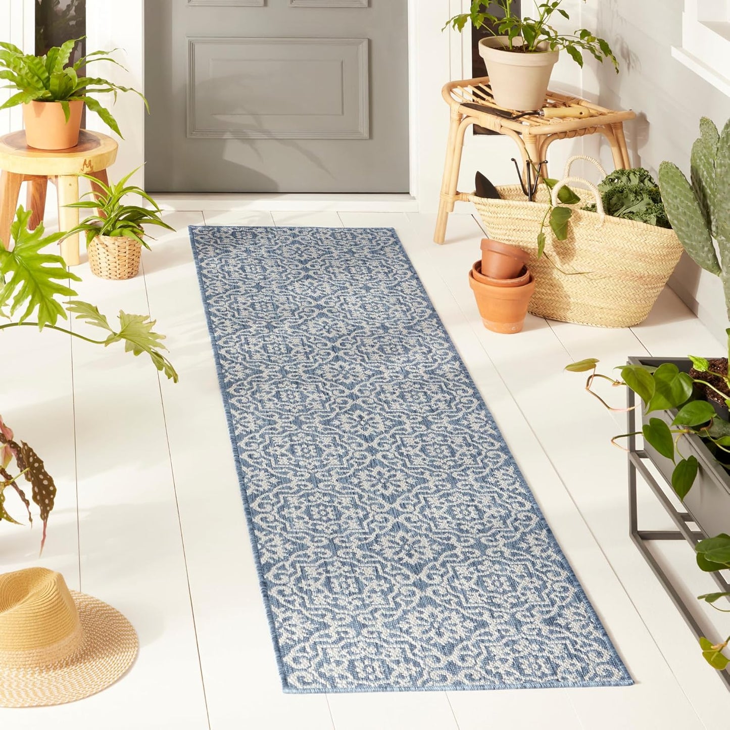 Nicole Miller New York Patio Country Julia Transitional Geometric Indoor/Outdoor Runner Area Rug, Blue/Grey, 1'9"x7'2"
