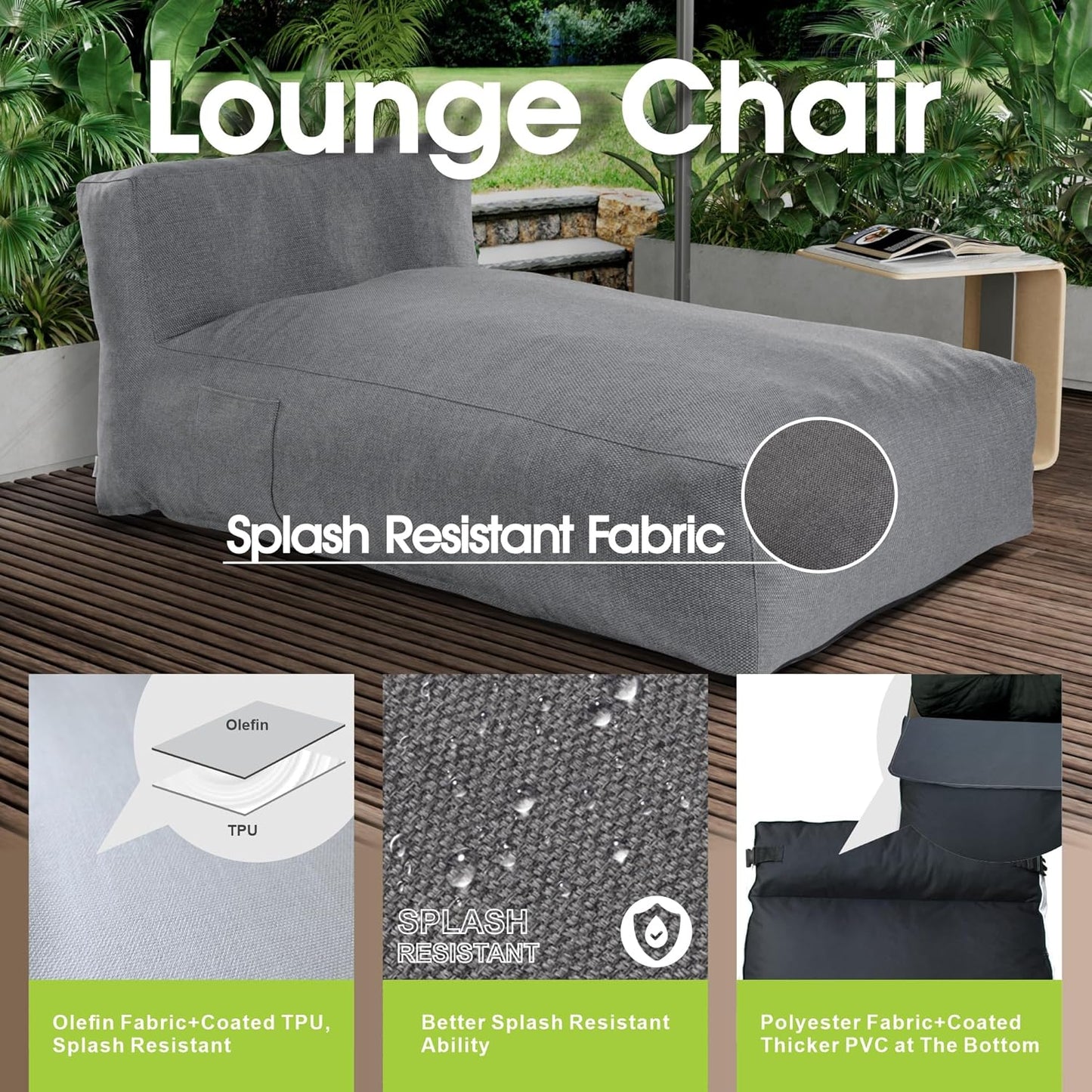 Outdoor Bean Bag Lounger Chair, Big Comfy Outdoor Daybed for Sunbathing and Tanning - Water-Resistant Patio Chaise and Pool Sun Lounger Furniture for Beach Deck (Charcoal Grey)