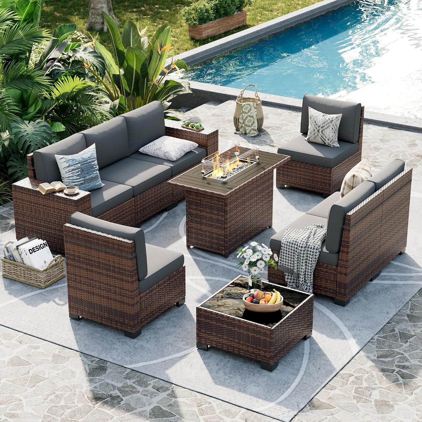 UDPATIO Patio Furniture Set with Fire Pit Table, 8 Inch Armrest Outdoor Sectional Sofa, 9 Piece Wicker Outdoor Furniture Conversation Sets with Waterproof Cover for Backyard Deck(Brown/Dark Grey)