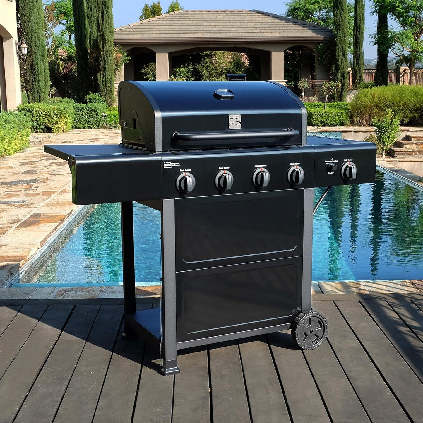 Kenmore 4-Burner Gas Grill with Side Burner, Outdoor BBQ Grill, Propane Gas Grill, Cast Iron Cooking Grates, Electronic Ignition, Warming Rack, Open Cart Design, 53000 BTUs, Black
