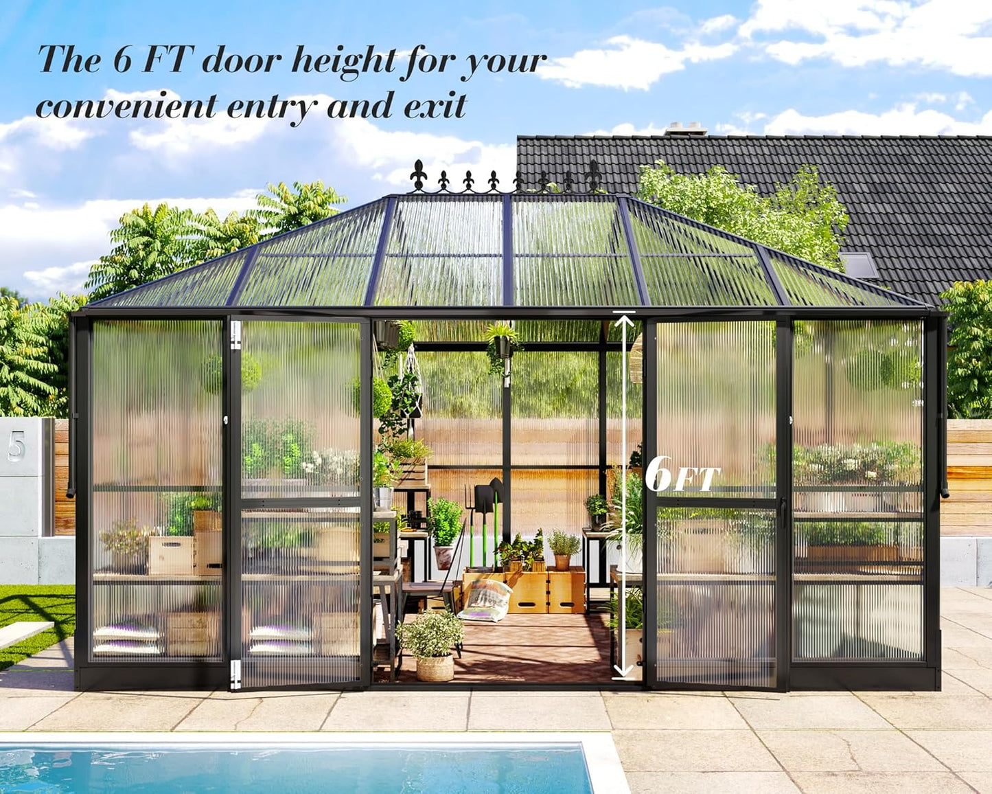 Jocisland 14x9.5x9 FT Polycarbonate Greenhouse- 6 FT Wall Height Outdoor Aluminum Greenhouses with 2 Ventilation and Rain Gutter, Double Doors with Hook, Walk-in Greenhouse for Backyard Garden
