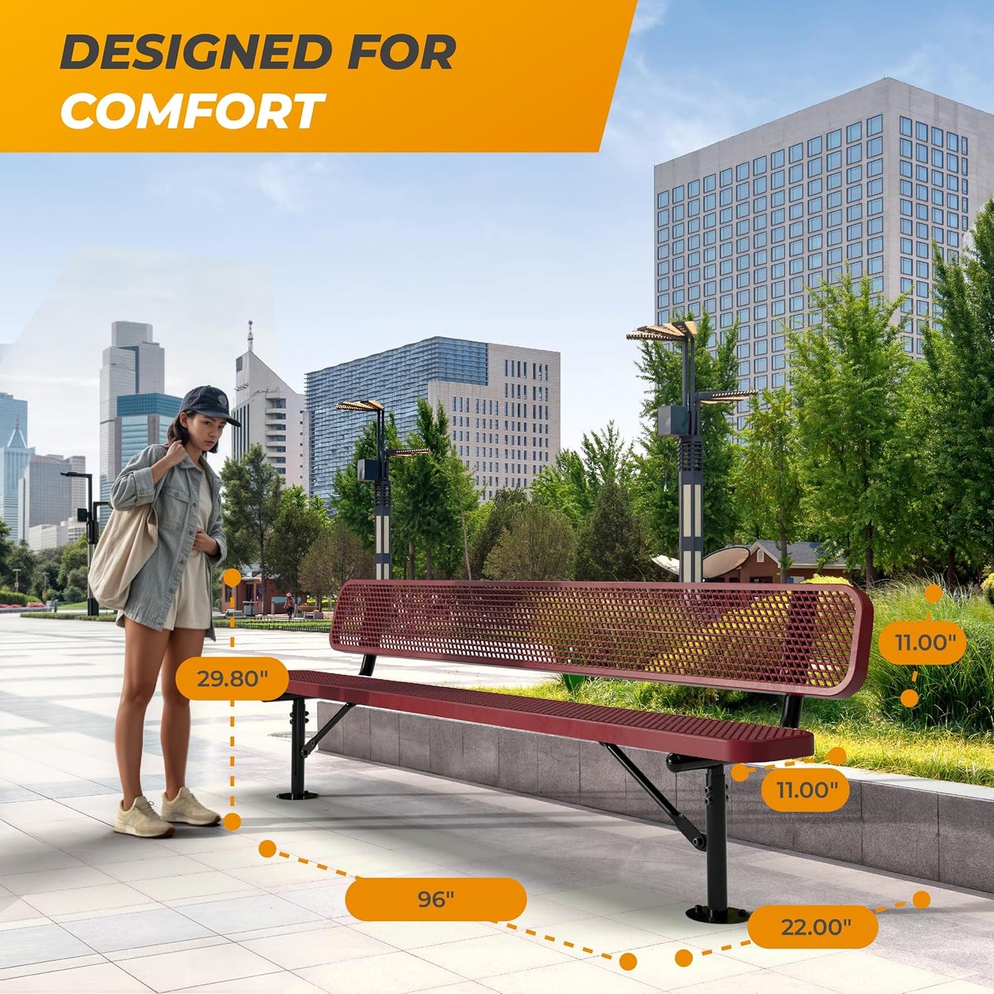 Heavy-Duty Outdoor Metal Bench, Thermoplastic-Coated, Surface, Weatherproof, Commercial-Grade for Parks, Gardens, Patios, Stores & More (8 Ft - Surface with Back, Red)