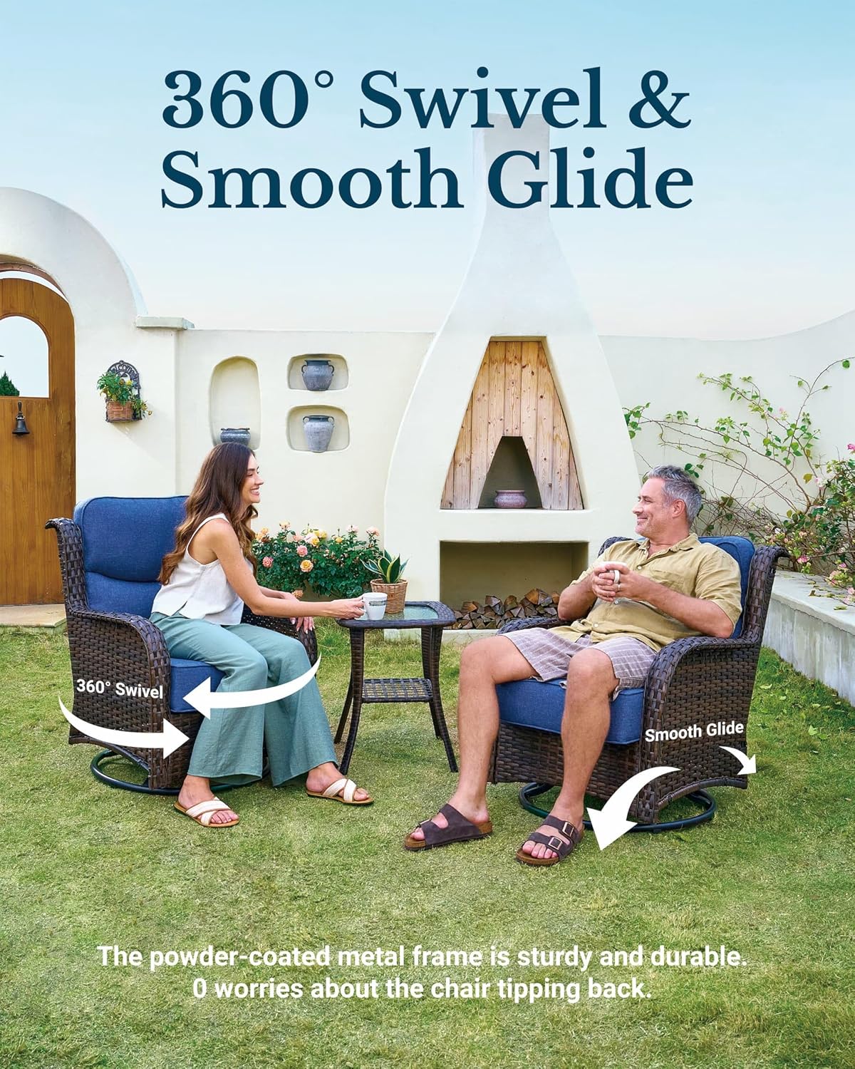 HILLGA Luxury Outdoor Swivel Rocker Patio Chairs of 2 with 6 Inch Thick Cushions and Side Table, Swivel Outdoor Chairs 3PCS High Back Wicker Patio Furniture Set for Porch, Balcony, Deck in Blue