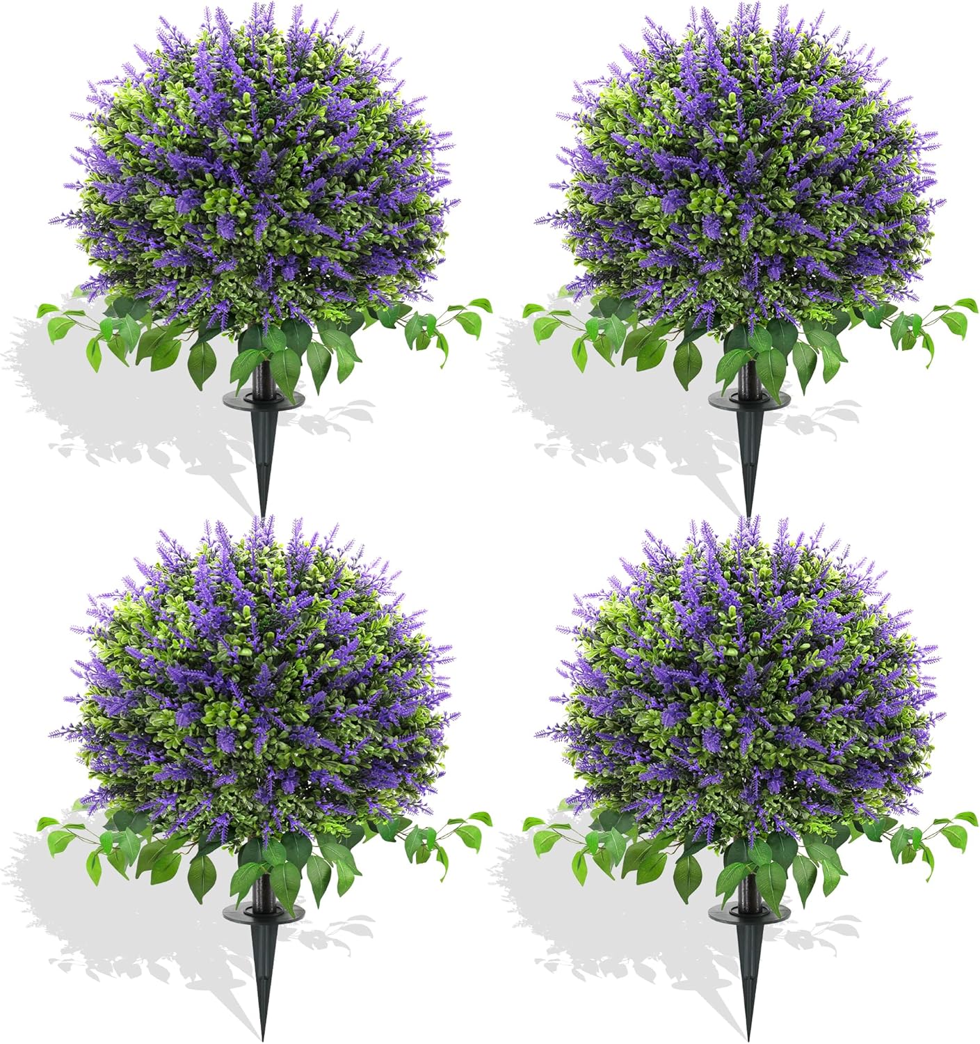 28" Artificial Boxwood Topiary Ball with Lavender, UV Resistant Topiary Tree Faux Boxwood Ball Shaped Porch Bushes with Ground Spike Artificial Bushes for Outdoors Front Door Decor Home Garden