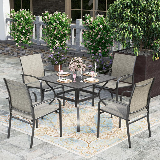 HERA'S HOUSE Patio Table and Chairs Set, 5 Pieces Outdoor Dining Set for 4, 4 x Brown Textilene Dining Chair, 37" Square Metal Dining Table with Umbrella Hole for Lawn Garden Backyard Deck