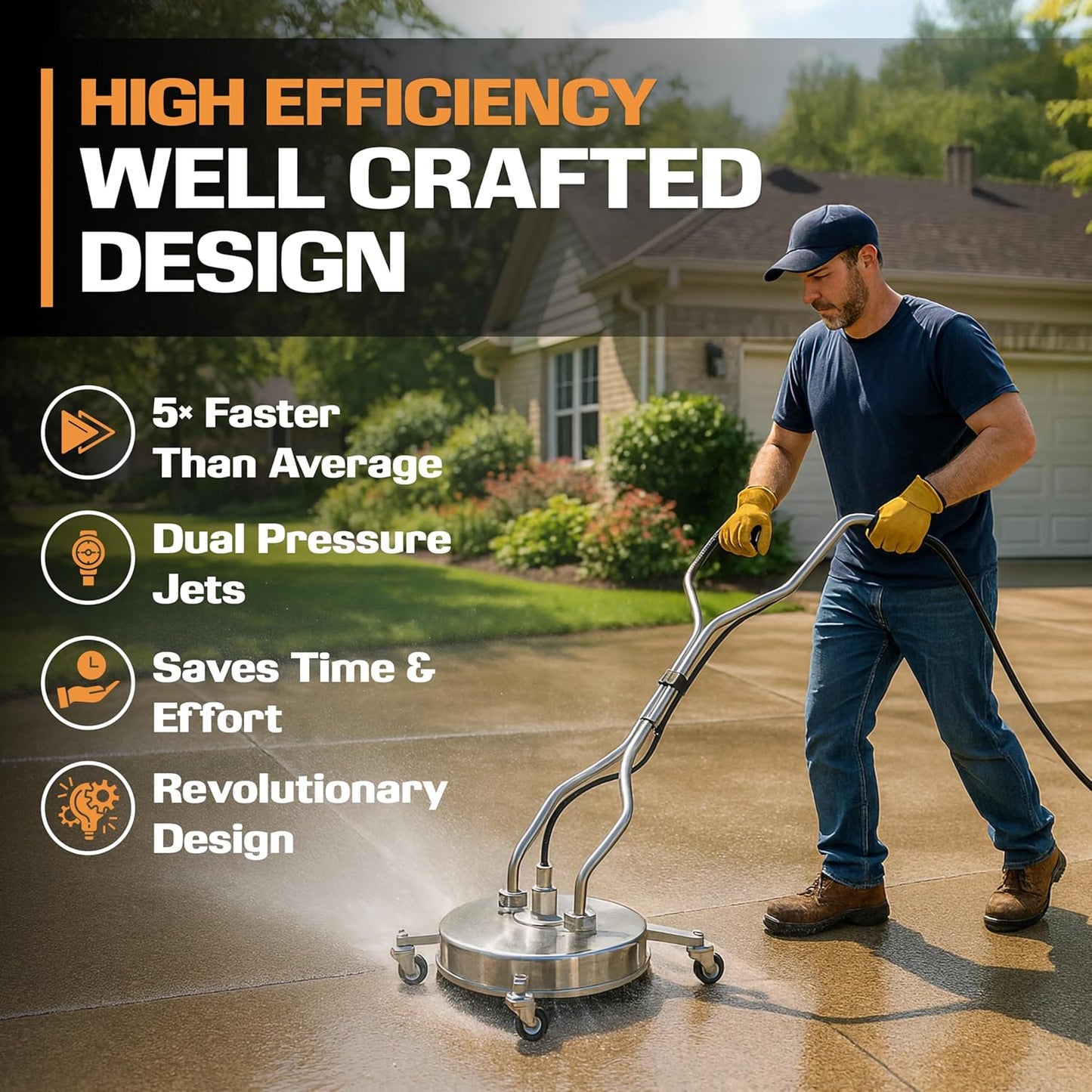 EDOU Direct 20 Inch Pressure Washer Surface Cleaner - Dual Handle Concrete Cleaner, Wheels - Driveway Pressure Washer Attachment, 4,500 PSI Max - Includes Quick Connector Kit - Silver