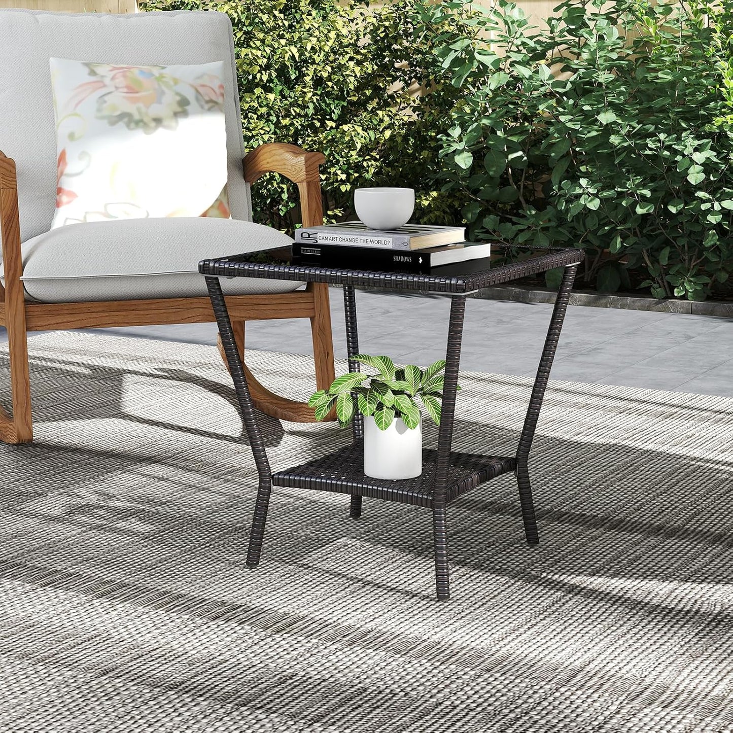 Outdoor Small Patio Table - PE Rattan Coffee Table, Wicker Side Table for Patio, Balcony & Porch, Durable & Iron Frame (1, Black Brown)