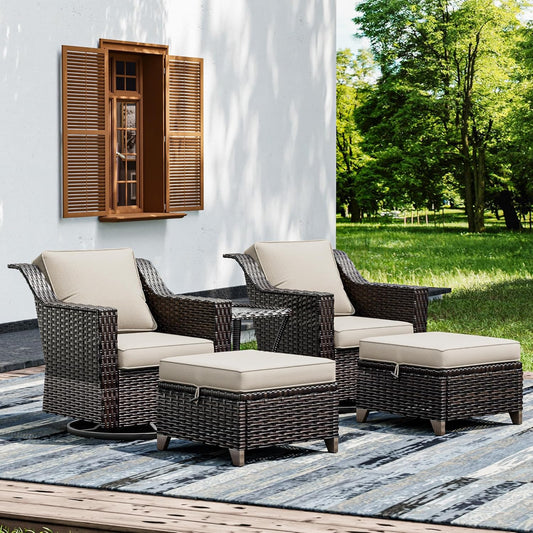 Joyside Wicker Patio Furniture Sets, 5 Pieces Upgraded Large Size Outdoor Furniture with Swivel Rocking Patio Chairs, Outdoor Ottoman and Side Table, Thick Cushions, Wide Armrest