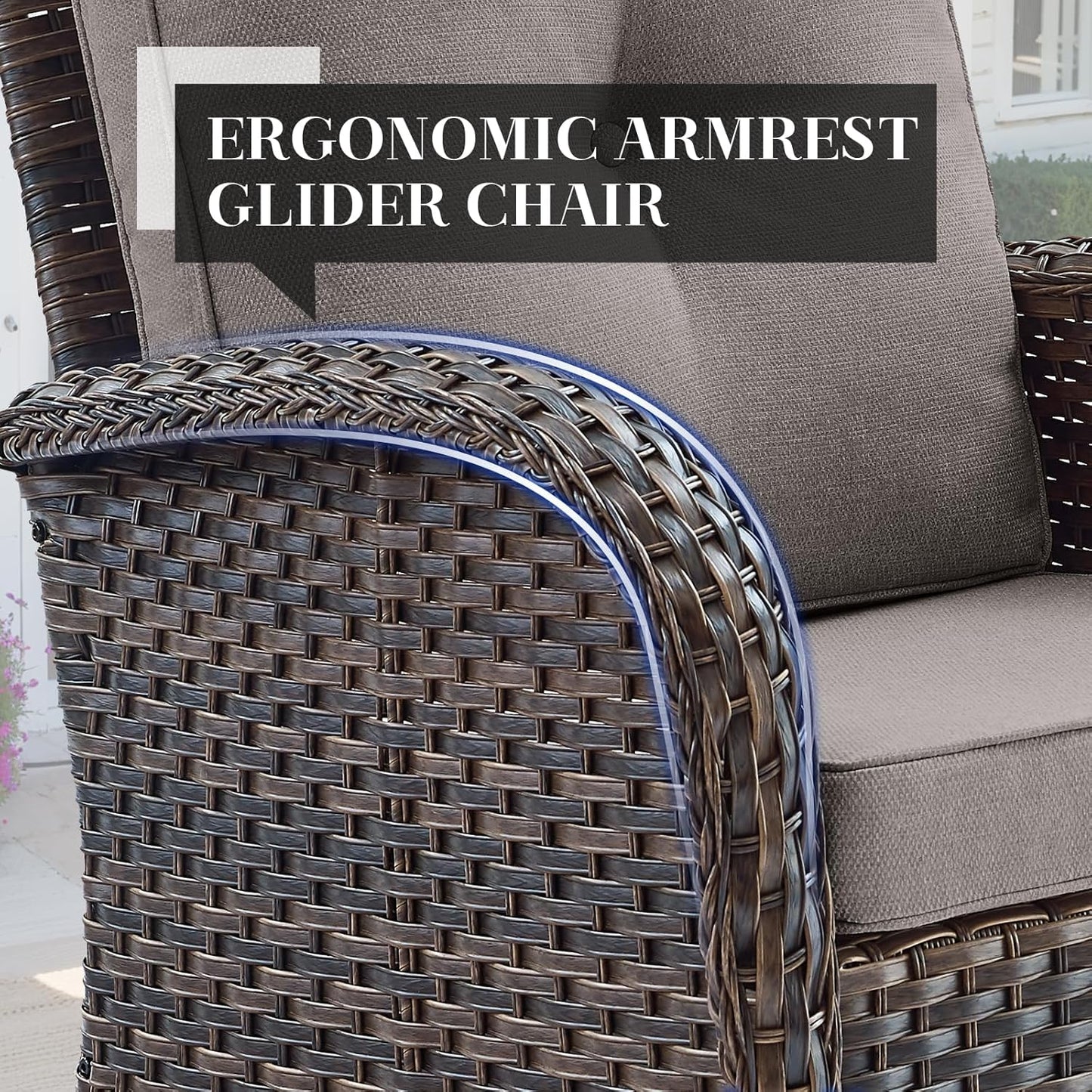 HUMMUH 5 Pieces Wicker Patio Furniture Set,Outdoor Rocker Chairs,Patio Ottomans,Glass Top Side Table,Outdoor Conversation Set for Porch Deck Backyard Poolside