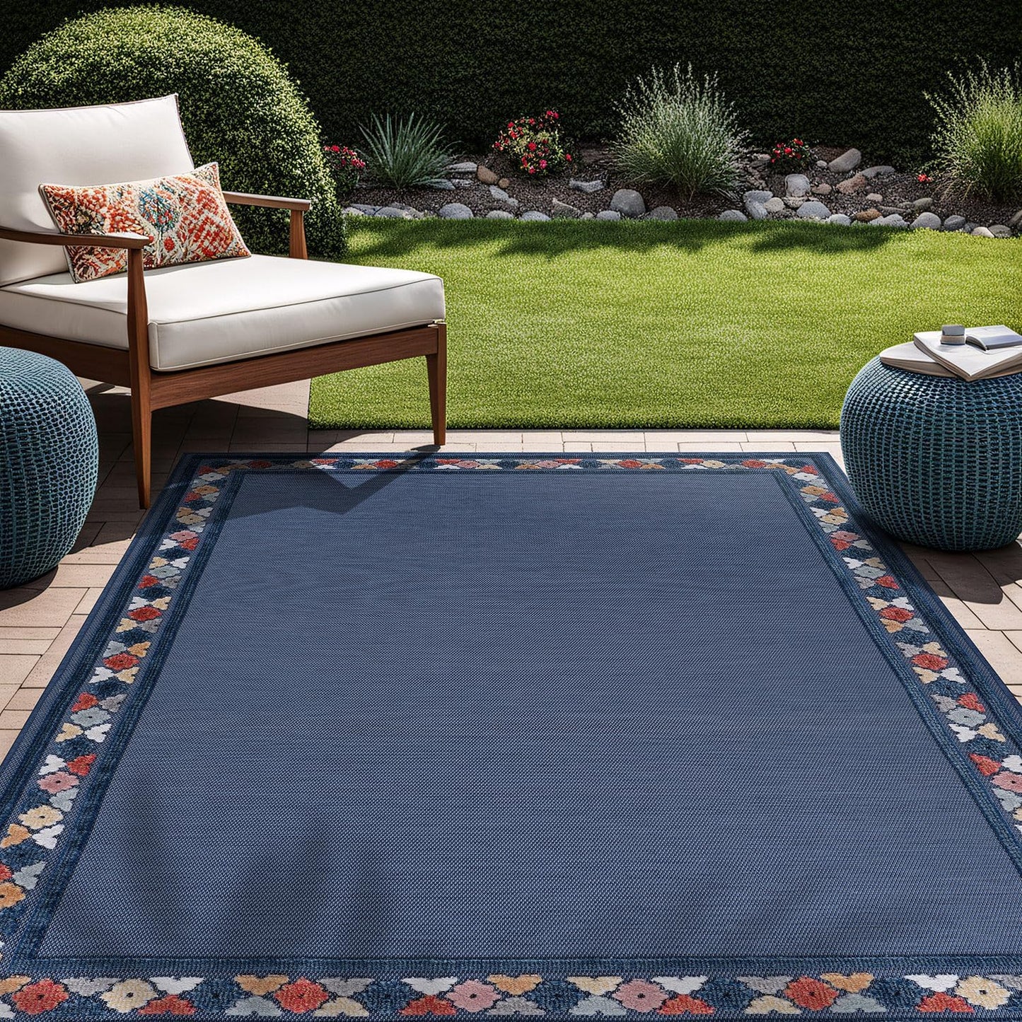 Beverly Rug Outdoor Rug 5x7 Modern Bordered Area Rugs for Indoor and Outdoor Patio Easy to Clean Non Shedding Living Room Porch Garden Washable Outside Carpet (5 x 7 Blue)