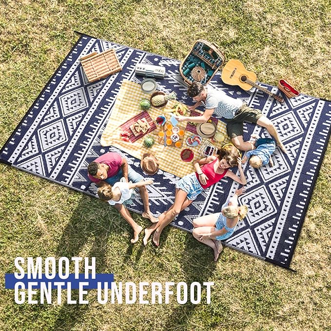 OLANLY Outdoor Rug Waterproof 9x12 ft, Reversible Outdoor Plastic Straw Rug, Boho Patio Rug, Indoor Outdoor Carpet, RV Mat Outside for Patio, Camp, Picnic, Balcony, Deck, Backyard, Navy & White