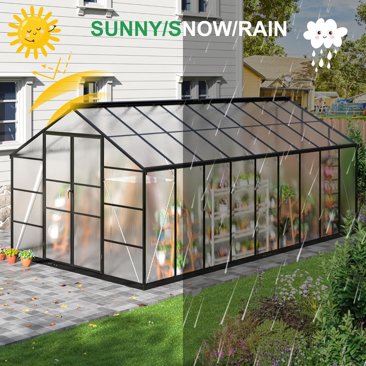 WKM 10x18 FT Greenhouse for Outdoors, Polycarbonate Greenhouse with Quick Setup Structure and Roof Vent, Enhanced Aluminum Green House for Garden Backyard, Black