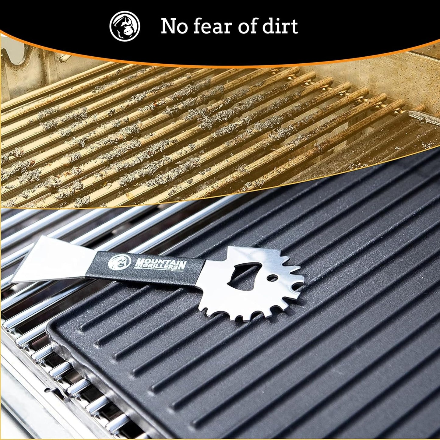 Mountain Grillers BBQ Grill Grate Scraper - Wide Portable Grill Scrubber for Outdoor Grill, Griddle, Smoke or Oven Grates - Non Slip Stainless Steel Grill Cleaning Tools with Built-in Bottle Opener