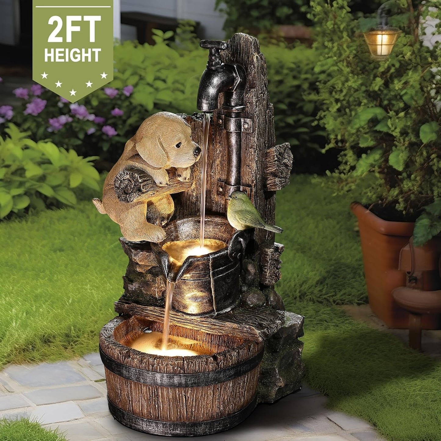 LuxenHome Water Fountain Outdoor, 25" Whimsical Puppy Dog Resin Outdoor Water Fountain with LED Lights, Decorative Garden Waterfall Fountains Indoor and Outdoor for Patio, Garden Decor