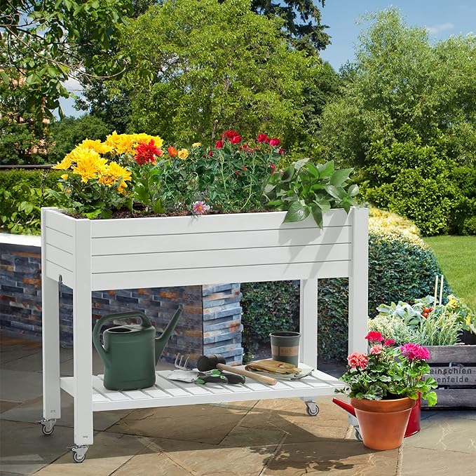 YITAHOME 43.3x17.7x34 in Elevated Garden Bed, Outdoor Plastic Planter Box with Wheels, Legs, Drain Plug, and Storage Shelf for Plants, Vegetables, Flowers, Herbs, Grayish-White