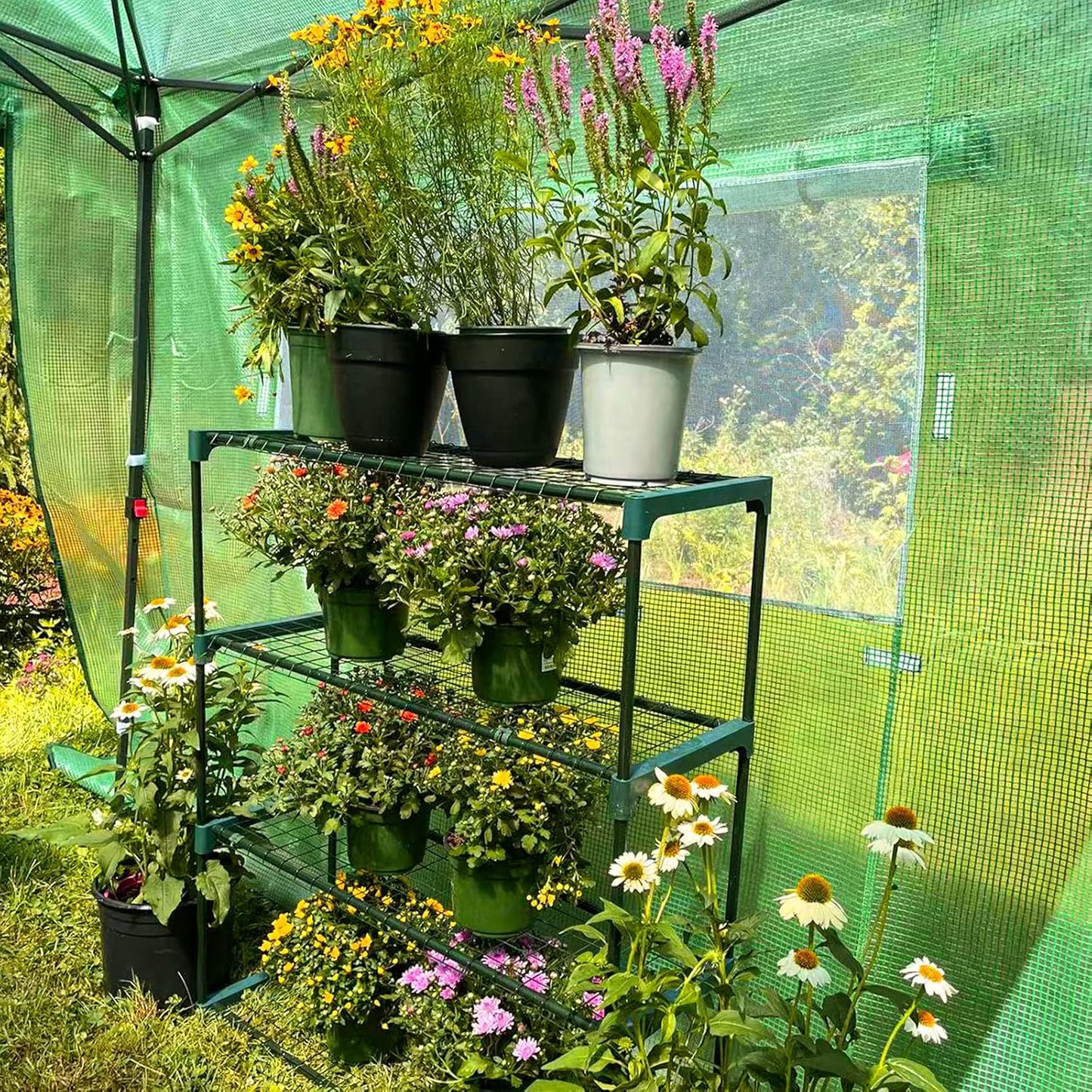 EAGLE PEAK Greenhouse Shelving Staging Double 4 Tier, Outdoor/Indoor Plant Shelves, 35"x12"x42", Green