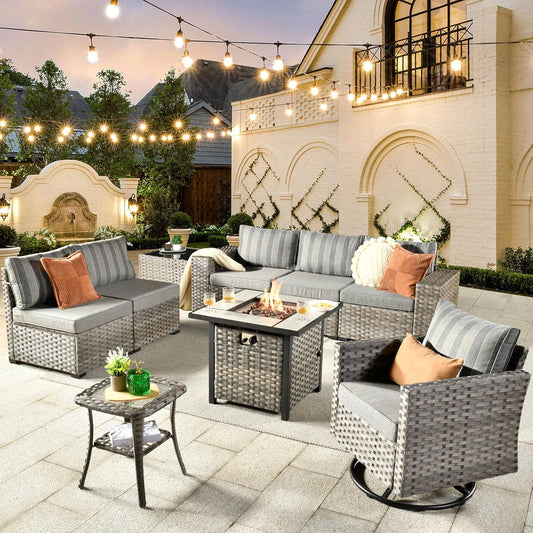 HOOOWOOO 9 Piece Modular Patio Outdoor Sectional Furniture Set with Gas Propane Fire Pit Table,Wicker Conversation Sofa Set with Swivel Chairs,Outside Couch Set(Grey Stripes)