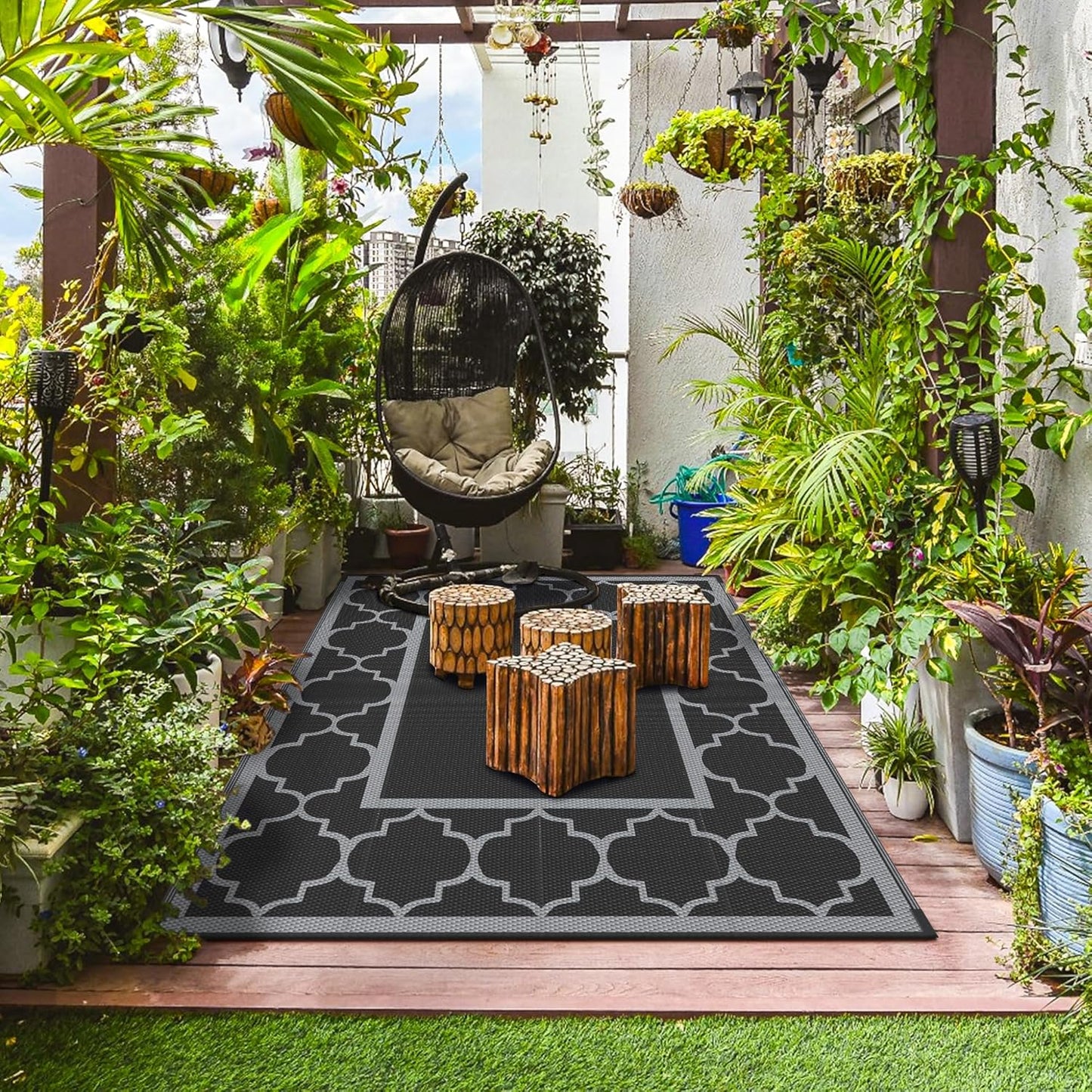 GENIMO Outdoor Rug 9' x 12' Waterproof for Patio Decor, Reversible Plastic Straw Area Rugs Mat for Camper, Outside Carpet for Camping, Rv, Deck, Porch, Picnic, Beach, Balcony, Black & Grey