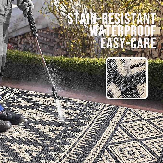 OLANLY Outdoor Rug Waterproof 6x9 ft, Reversible Outdoor Plastic Straw Rug, Boho Patio Rug, Indoor Outdoor Carpet, RV Mat Outside for Patio, Camp, Picnic, Balcony, Deck, Backyard, Black & Beige