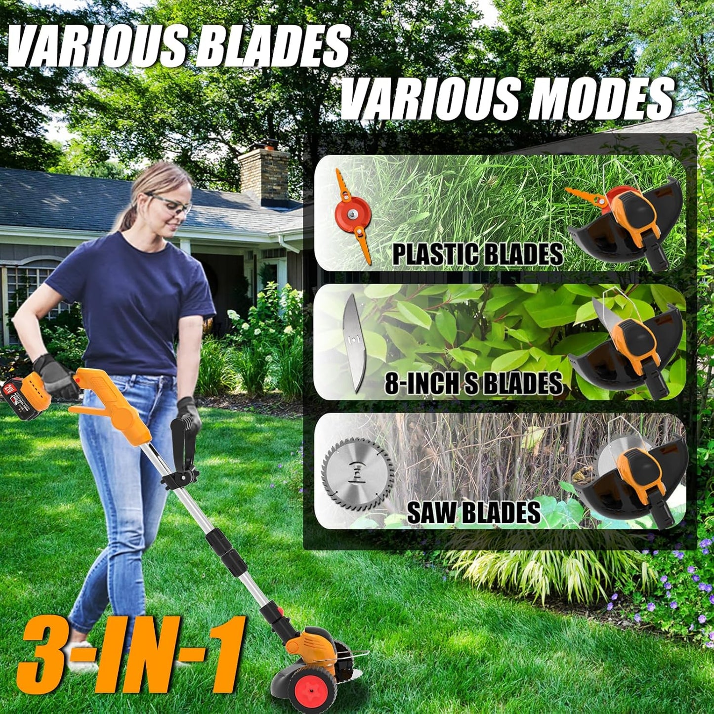 Electric Weed Wacker Cordless Eater, Battery Powered No String Grass Trimmer with 2 21V/4Ah Battery Operated&3 Types Blade&Wheels, Lightweight Weed Trimmer/Edger Lawn Tool for Garden Yard - Orange