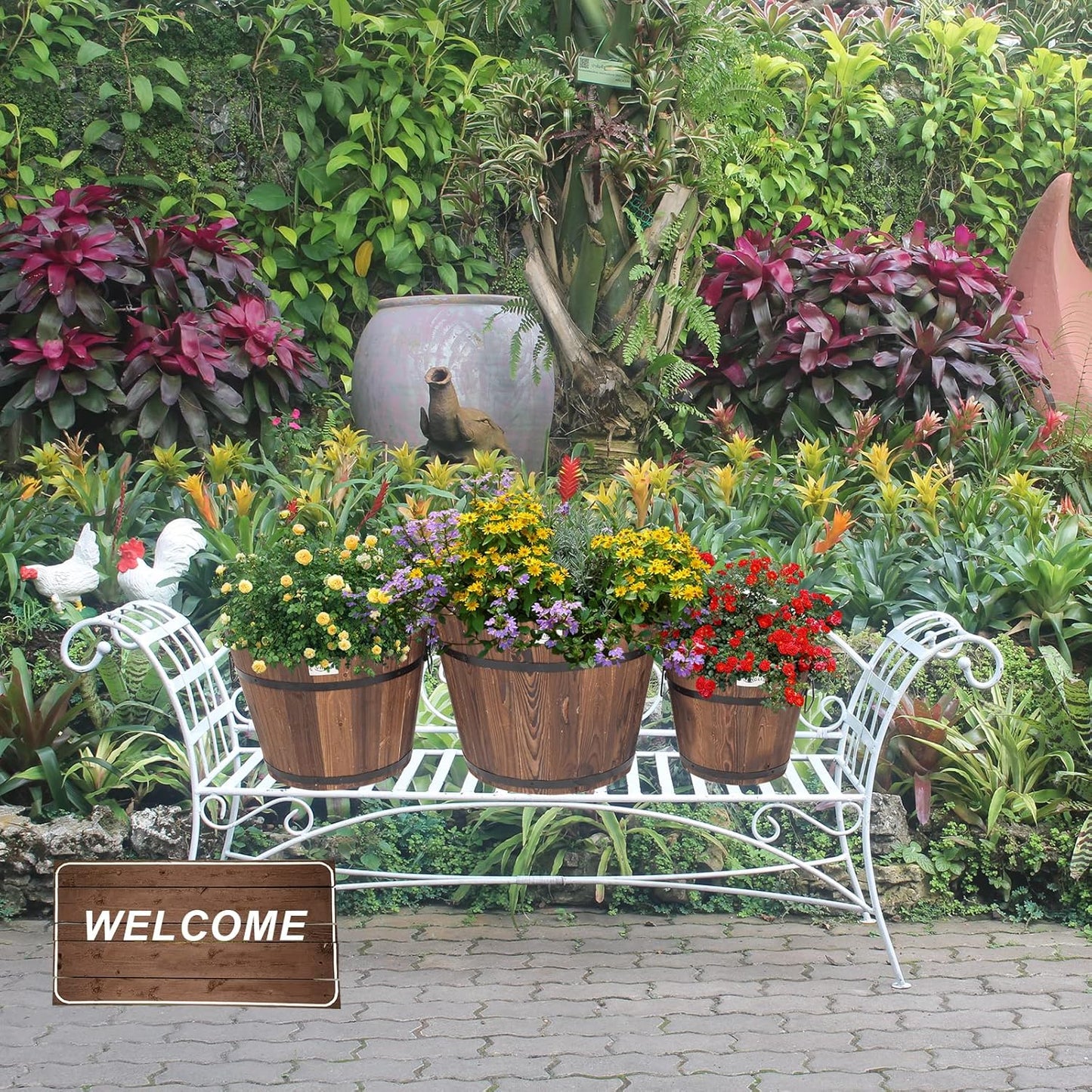 VINGLI 3 PCS Large Wooden Planter Barrel Set, 11.5"(Dia)- 18"(Dia) Real Wood Indoor/Outdoor Flower Pot w/Drainage Holes, Different Sizes, Large Garden Container Box