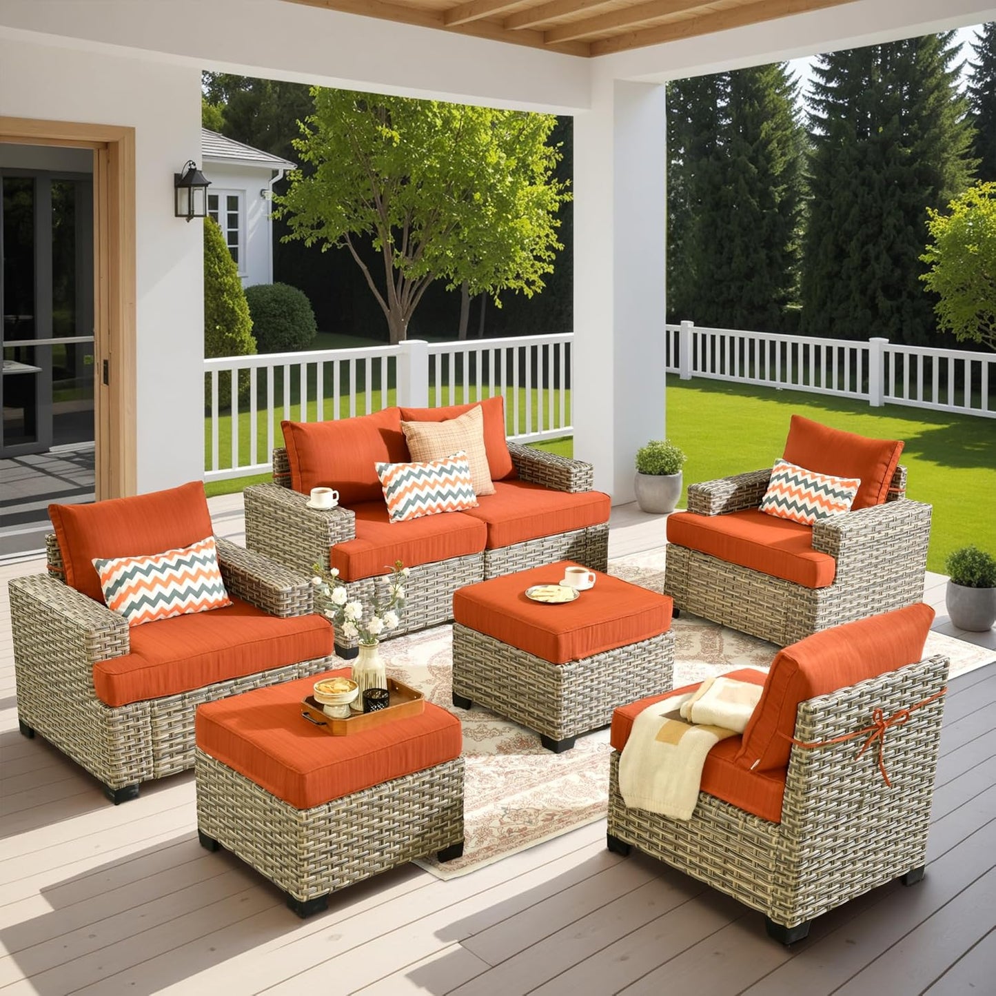HOOOWOOO Outdoor Sectional Patio Furniture Set,7 Pieces Wicker Conversation Sets,Extra Deep Out Door Sofa Outside Furniture Couch with Ottoman,Brick Red