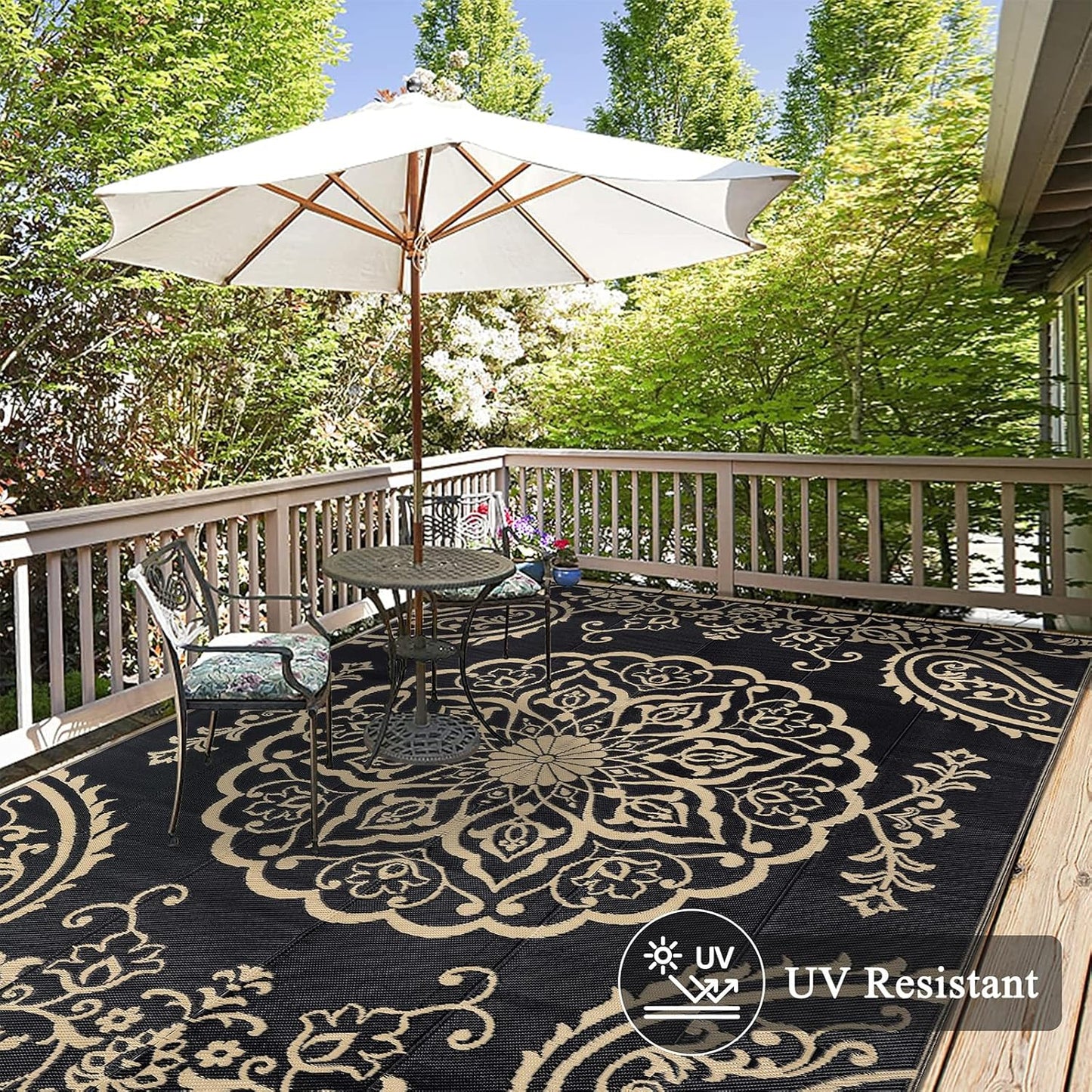 Pauwer Waterproof Outdoor Rug 8x10, Reversible Plastic Straw Patio Camping Rug, Indoor Outdoor RV Mat Carpet for Deck, Camper, Porch, Balcony, Backyard, Picnic, Boho Black Brown
