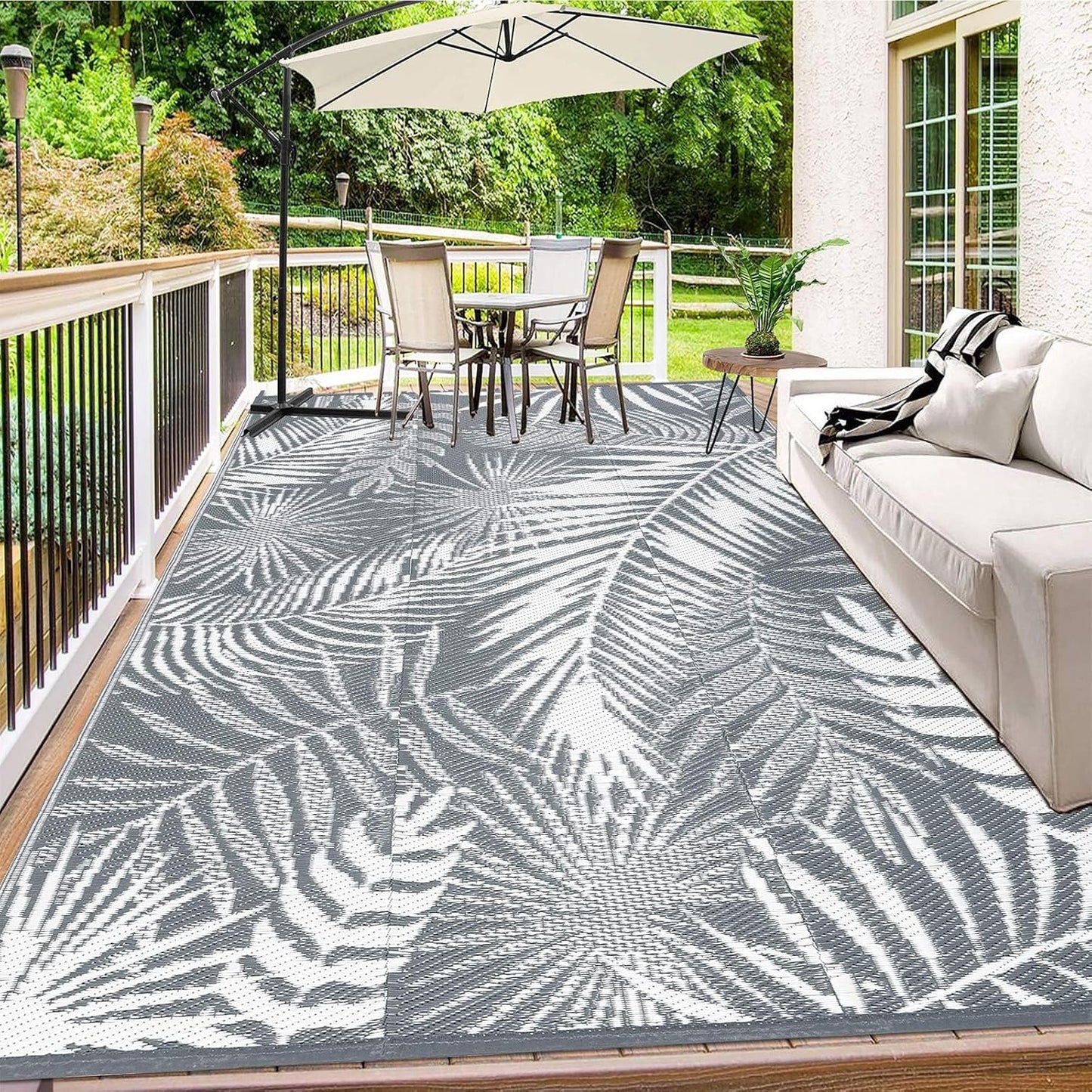 Outdoor Rug 10'x8' Waterproof for Patios Clearance, Reversible Outdoor Plastic Straw Rug Camping Carpet, Outside Floor Mats Large Area Rugs for RV,Patio,Deck,Porch,Beach,Balcony,Grey&White