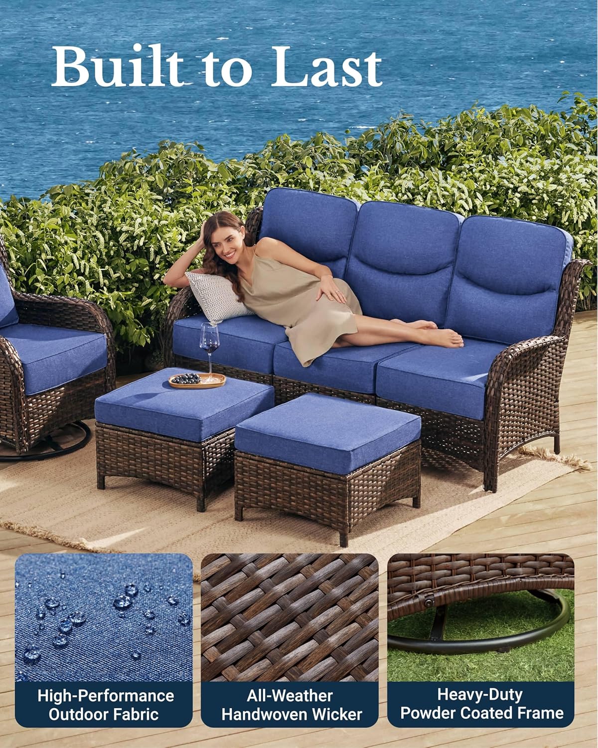 HILLGA Luxury Patio Furniture Set with 6-inch Thick Cushion, Outdoor Sectional Sofa and High Back Swivel Rocker Patio Chairs, 11PCS Wicker Conversation Set for Deck Yard and Poolside, Blue (V2)