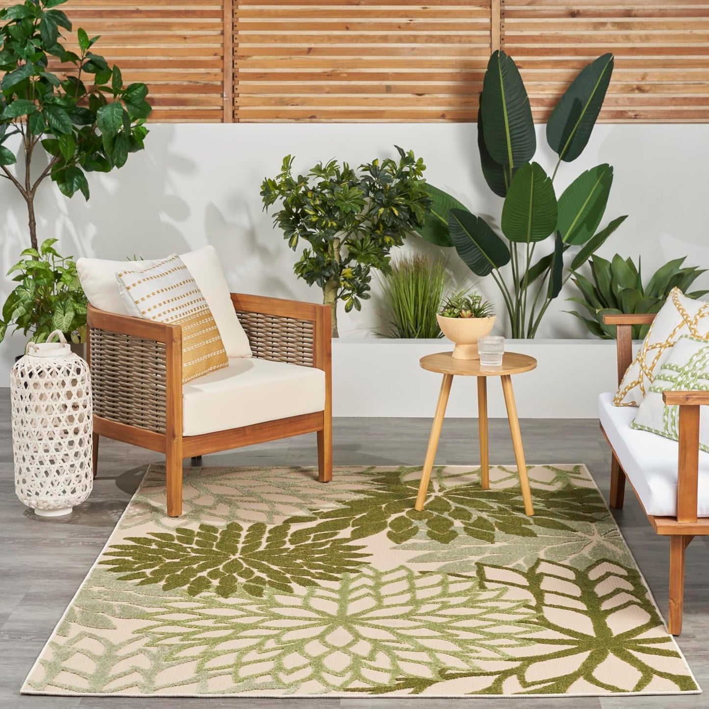 Nourison Home Aloha Tropical Indoor/Outdoor Ivory Green 5'3" x 7'5" Area Rug, Easy Cleaning, Non Shedding, Bed Room, Living Room, Dining Room, Backyard, Deck, Patio (5x7)