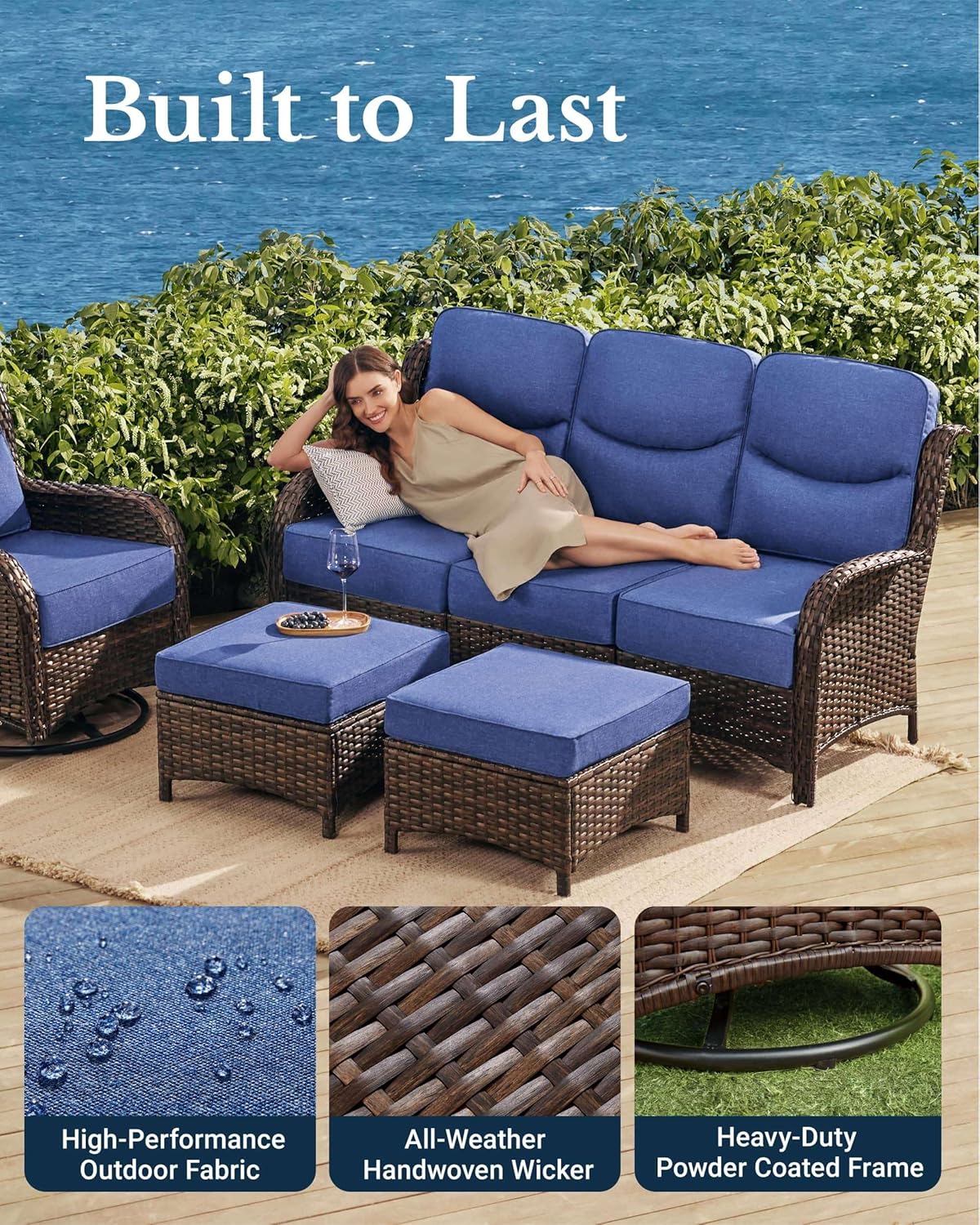 HILLGA Luxury Patio Furniture Set with 6-Inch Thick Cushions, High Back Outdoor Swivel Rocker Chairs and Patio Couch, 7-Piece All Weather Conversation Set for Porch Deck Pool Yard, Blue (V3)